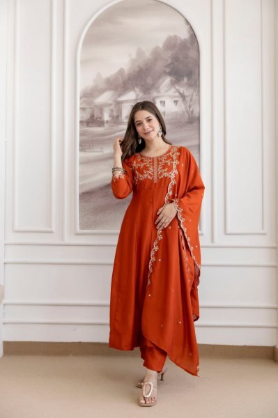 Fascinating Orange Premium Vichitra Silk Embroidered Anarkali Sharara Set with Dupatta Embroidery Kurtis 