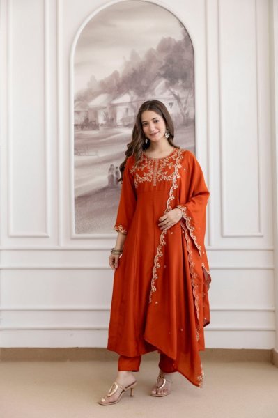 Fascinating Orange Premium Vichitra Silk Embroidered Anarkali Sharara Set with Dupatta Embroidery Kurtis 