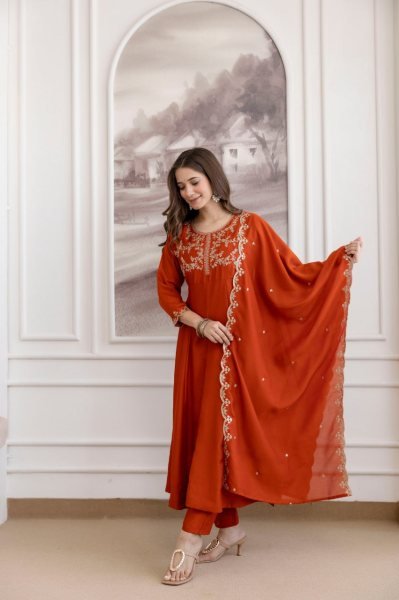 Fascinating Orange Premium Vichitra Silk Embroidered Anarkali Sharara Set with Dupatta Embroidery Kurtis 