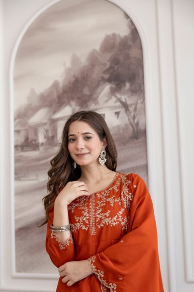 Fascinating Orange Premium Vichitra Silk Embroidered Anarkali Sharara Set with Dupatta Embroidery Kurtis 