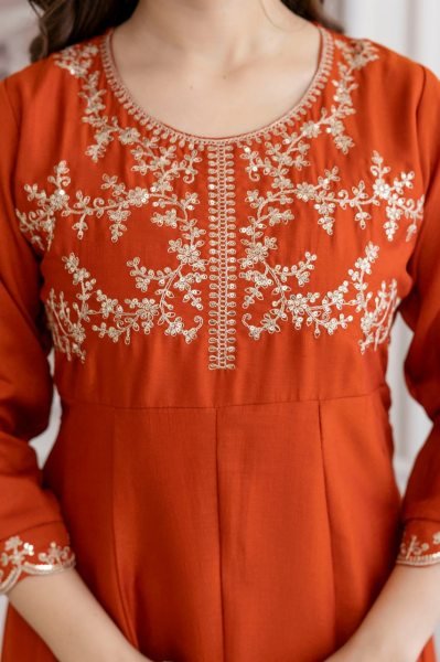 Fascinating Orange Premium Vichitra Silk Embroidered Anarkali Sharara Set with Dupatta Embroidery Kurtis 