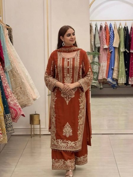 Fascinating Orange Women's Faux Georgette Kurta Pant Set with Embroidered Dupatta Ready To Wear Suit