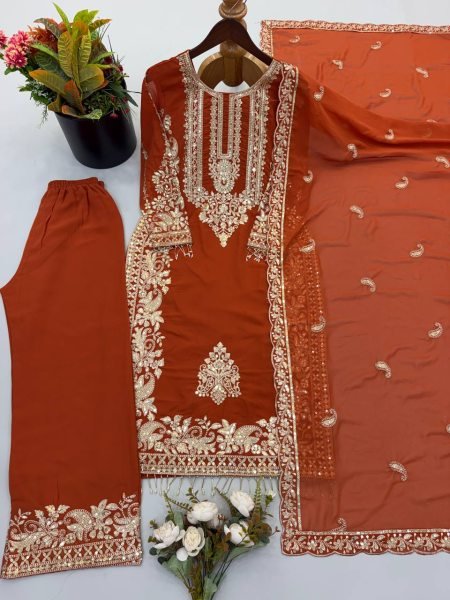 Fascinating Orange Women's Faux Georgette Kurta Pant Set with Embroidered Dupatta Ready To Wear Collection