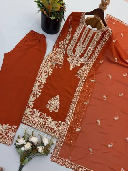 Fascinating Orange Women's Faux Georgette Kurta Pant Set with Embroidered Dupatta Ready To Wear Collection