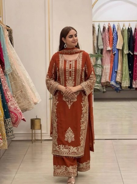 Fascinating Orange Women's Faux Georgette Kurta Pant Set with Embroidered Dupatta Ready To Wear Collection