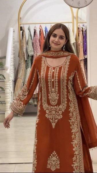 Fascinating Orange Women's Faux Georgette Kurta Pant Set with Embroidered Dupatta Ready To Wear Collection