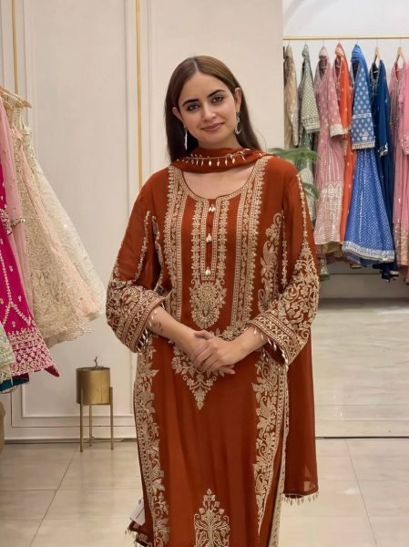 Fascinating Orange Women's Faux Georgette Kurta Pant Set with Embroidered Dupatta Ready To Wear Collection
