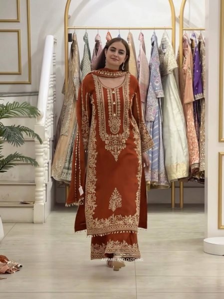 Fascinating Orange Women's Faux Georgette Kurta Pant Set with Embroidered Dupatta Ready To Wear Collection