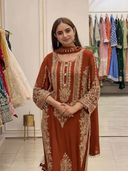 Fascinating Orange Women's Faux Georgette Kurta Pant Set with Embroidered Dupatta Ready To Wear Collection