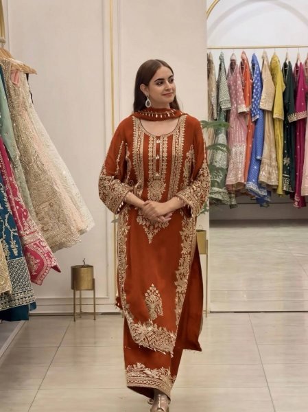 Fascinating Orange Women's Faux Georgette Kurta Pant Set with Embroidered Dupatta Ready To Wear Collection