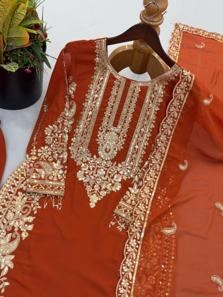 Fascinating Orange Women's Faux Georgette Kurta Pant Set with Embroidered Dupatta Ready To Wear Collection