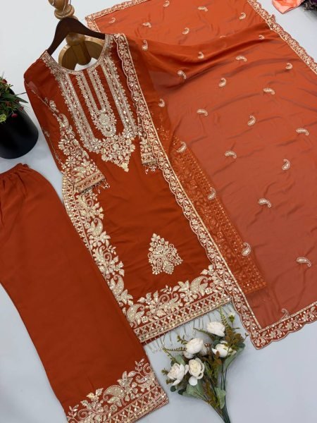 Fascinating Orange Women's Faux Georgette Kurta Pant Set with Embroidered Dupatta Ready To Wear Collection