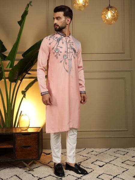 Fascinating Peach Viscose Silk Embroidered Men's Kurta with Semi Cotton Chudidar 