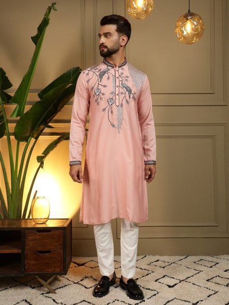 Fascinating Peach Viscose Silk Embroidered Men's Kurta with Semi Cotton Chudidar Kurta Pajama Wholesale