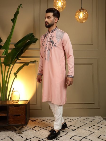 Fascinating Peach Viscose Silk Embroidered Men's Kurta with Semi Cotton Chudidar Kurta Pajama Wholesale