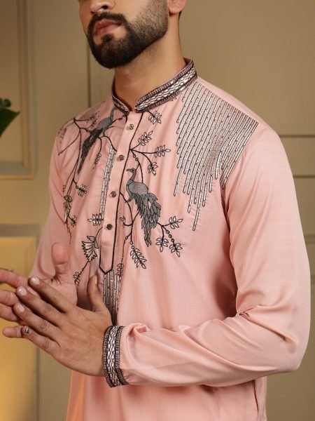 Fascinating Peach Viscose Silk Embroidered Men's Kurta with Semi Cotton Chudidar Kurta Pajama Wholesale
