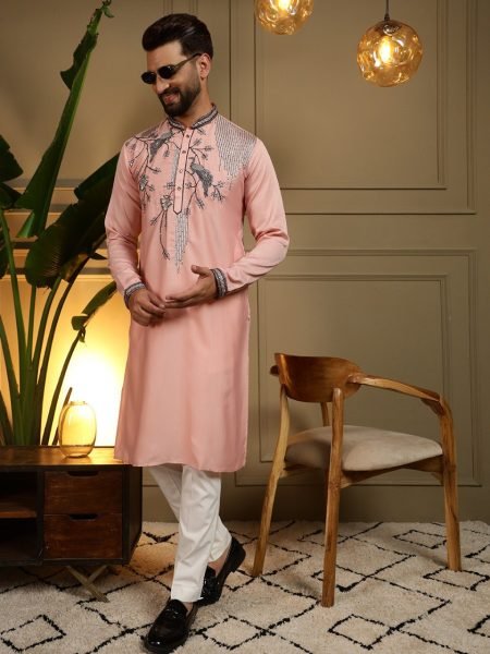Fascinating Peach Viscose Silk Embroidered Men's Kurta with Semi Cotton Chudidar Kurta Pajama Wholesale