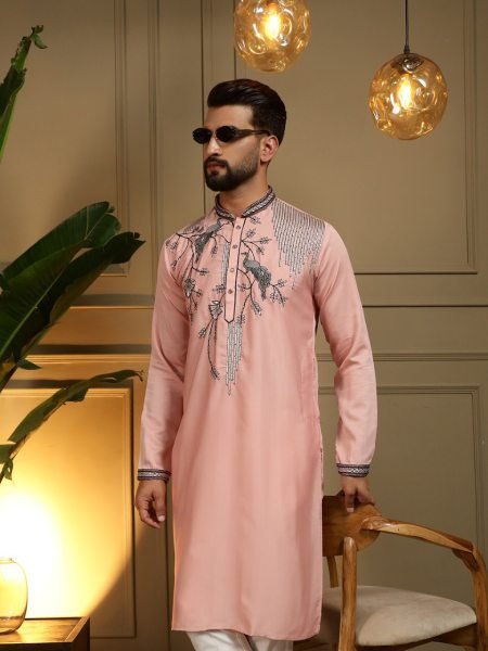 Fascinating Peach Viscose Silk Embroidered Men's Kurta with Semi Cotton Chudidar Kurta Pajama Wholesale