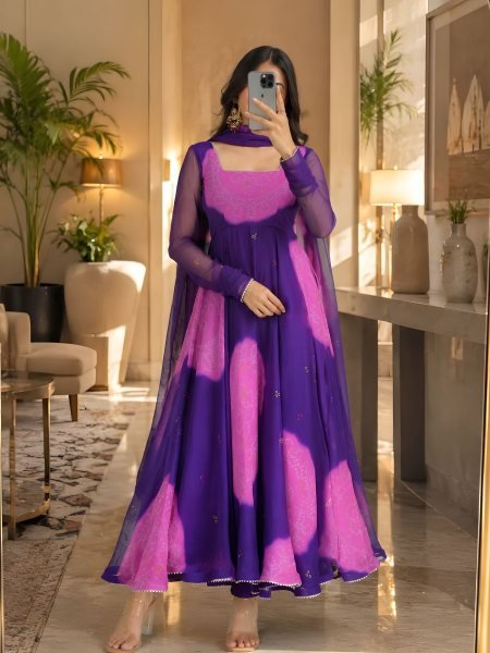 Fascinating Purple Georgette Kurti With Full Sleeves And Cotton Pant At Business Partner Pricing Ready To Wear Suit