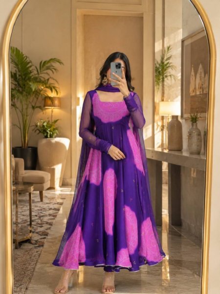 Fascinating Purple Georgette Kurti With Full Sleeves And Cotton Pant At Business Partner Pricing Ready To Wear Collection
