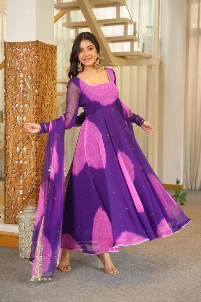 Fascinating Purple Georgette Kurti With Full Sleeves And Cotton Pant At Business Partner Pricing Ready To Wear Collection