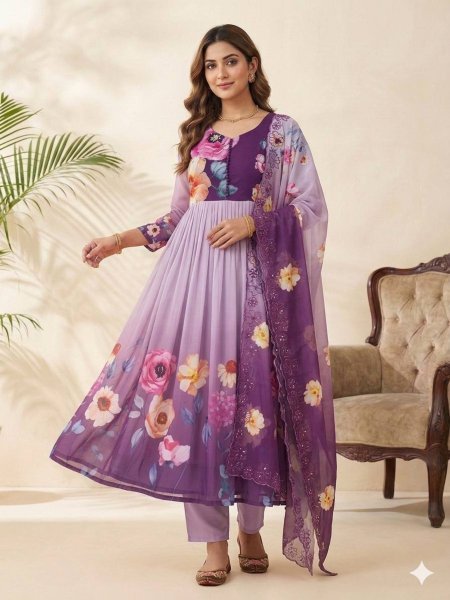 Fascinating Purple Long Gown Set with Heavy Work for Reception and Events Kurtis