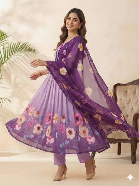Fascinating Purple Long Gown Set with Heavy Work for Reception and Events Anarkali Kurtis 