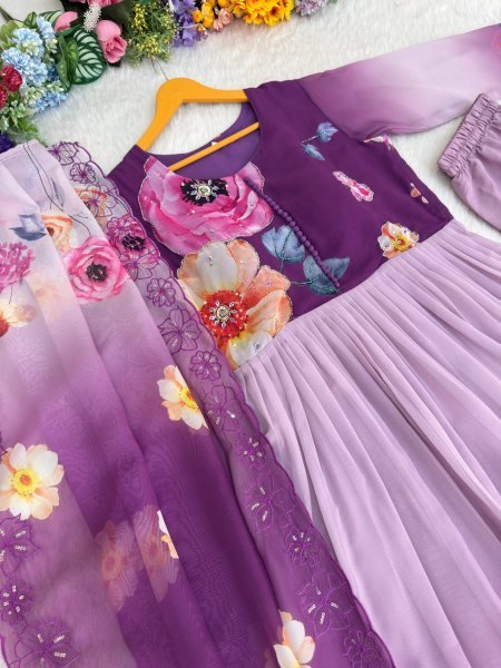 Fascinating Purple Long Gown Set with Heavy Work for Reception and Events Anarkali Kurtis 