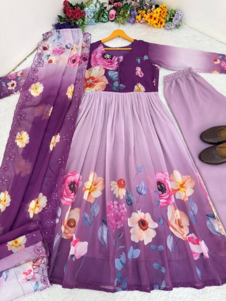 Fascinating Purple Long Gown Set with Heavy Work for Reception and Events Anarkali Kurtis 