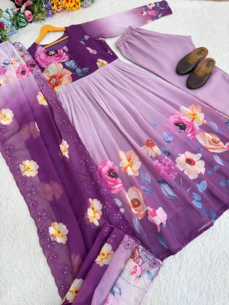 Fascinating Purple Long Gown Set with Heavy Work for Reception and Events Anarkali Kurtis 
