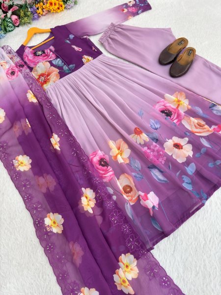 Fascinating Purple Long Gown Set with Heavy Work for Reception and Events Anarkali Kurtis 
