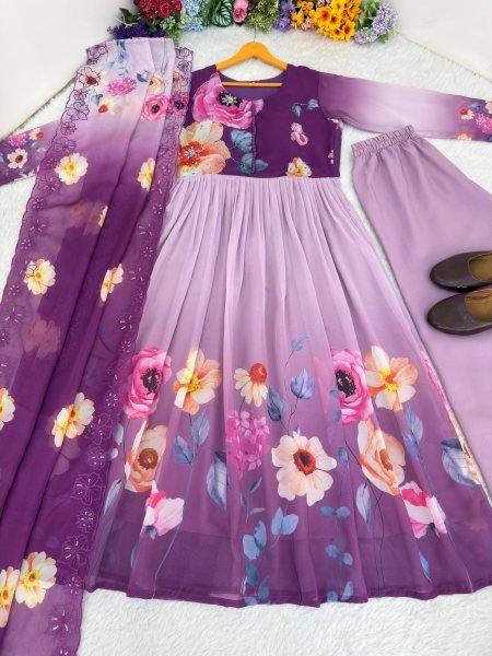 Fascinating Purple Long Gown Set with Heavy Work for Reception and Events Anarkali Kurtis 