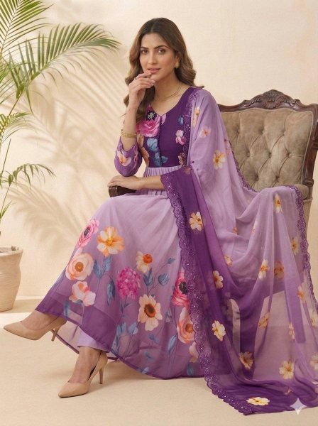 Fascinating Purple Long Gown Set with Heavy Work for Reception and Events Anarkali Kurtis 