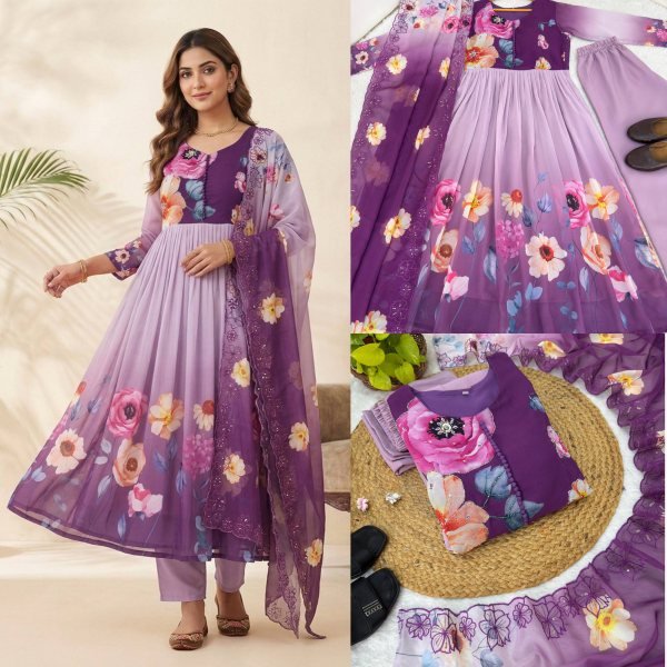 Fascinating Purple Long Gown Set with Heavy Work for Reception and Events Anarkali Kurtis 