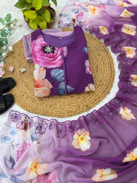 Fascinating Purple Long Gown Set with Heavy Work for Reception and Events Anarkali Kurtis 