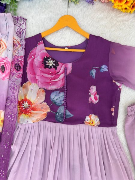 Fascinating Purple Long Gown Set with Heavy Work for Reception and Events Anarkali Kurtis 