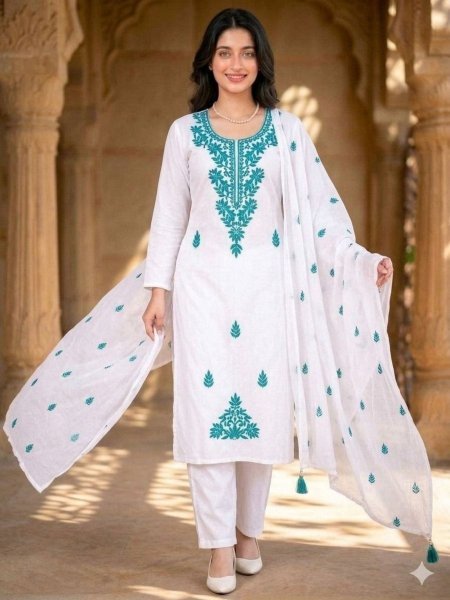 Fascinating Rayon Embroidered Kurti Pant Set with Dupatta for Women Office Wear