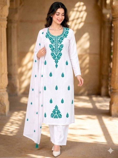 Fascinating Rayon Embroidered Kurti Pant Set with Dupatta for Women Office Wear Embroidery Kurtis 