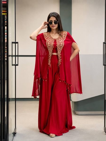 Fascinating Red Designer Star Georgette Western Jacket Palazzo Set for Women 