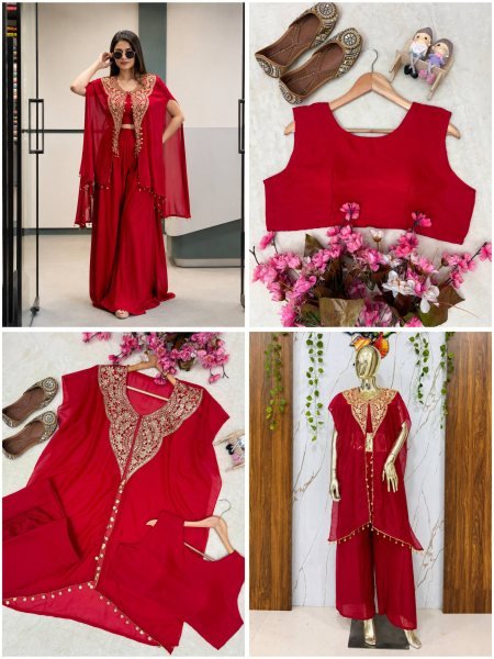 Fascinating Red Designer Star Georgette Western Jacket Palazzo Set for Women Ready To Wear Collection