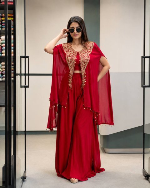 Fascinating Red Designer Star Georgette Western Jacket Palazzo Set for Women Ready To Wear Collection