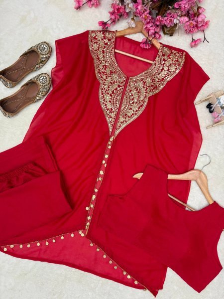 Fascinating Red Designer Star Georgette Western Jacket Palazzo Set for Women Ready To Wear Collection