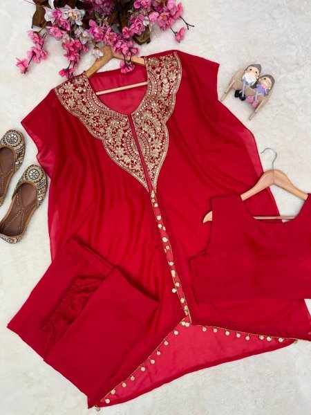 Fascinating Red Designer Star Georgette Western Jacket Palazzo Set for Women Ready To Wear Collection