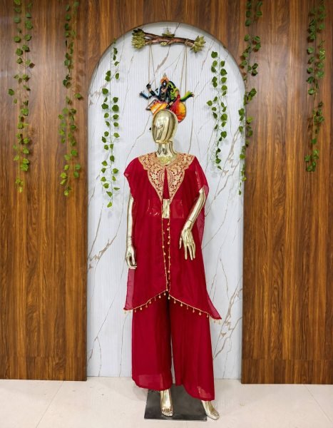 Fascinating Red Designer Star Georgette Western Jacket Palazzo Set for Women Ready To Wear Collection