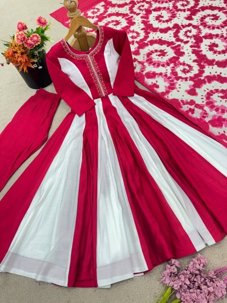 Fascinating Roman Silk Embroidered Digital Print Gown Set with Dupatta for Occasional Wear Plus Size Kurti / Gown