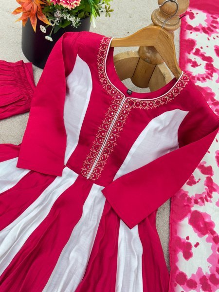 Fascinating Roman Silk Embroidered Digital Print Gown Set with Dupatta for Occasional Wear Plus Size Kurti / Gown