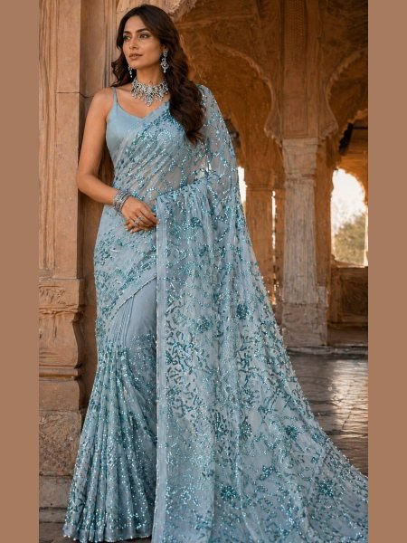 Fascinating Sky Blue Export Quality Saree with Full Sequins Work for Festive Occasions Sarees 