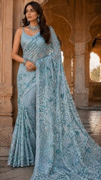 Fascinating Sky Blue Export Quality Saree with Full Sequins Work for Festive Occasions Bollywood Fancy Sarees Wholesale