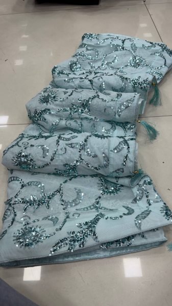 Fascinating Sky Blue Export Quality Saree with Full Sequins Work for Festive Occasions Bollywood Fancy Sarees Wholesale