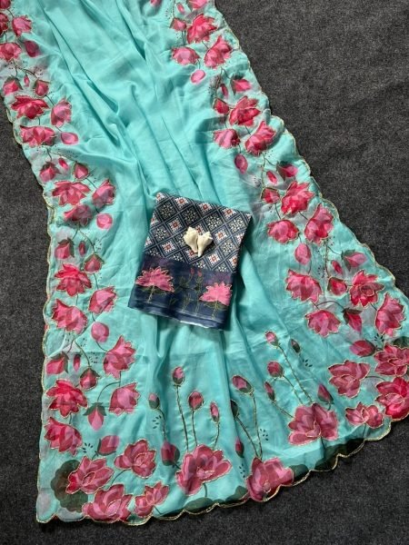 Fascinating Sky Blue Women's Soft Tabi Saree with Patola Print Designer Blouse For Party  Printed Cotton Sarees Wholesale